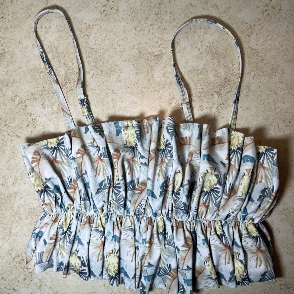 Kortni Jeane Ruffle Cami Swim Top Small Tropical Palm Leaf Peplum Crop Tankini‎